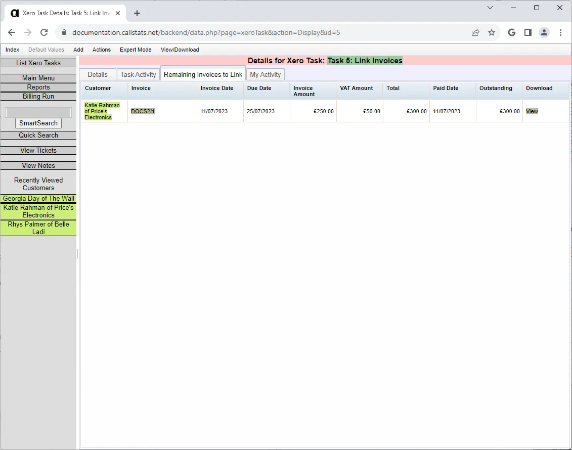 Invoices Linked Remaining